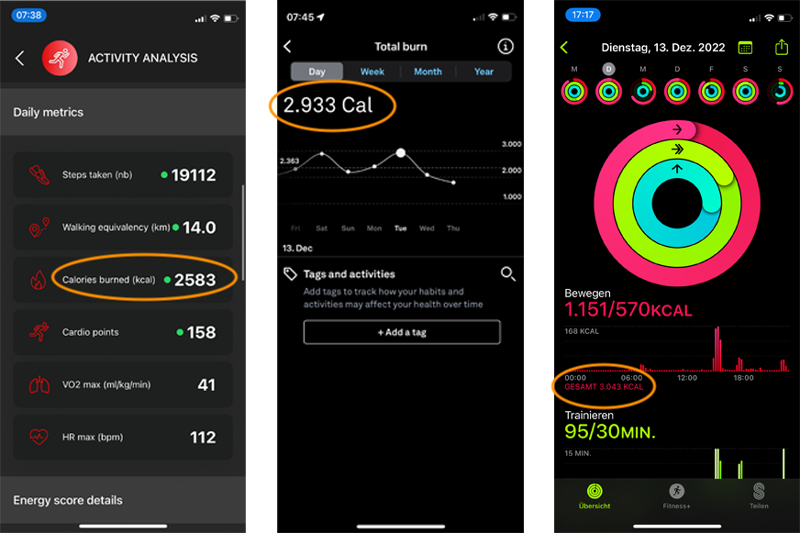 Man sieht die gezählten Kalorien des Oura und des Circular Rings und der Apple Watch Ultra.